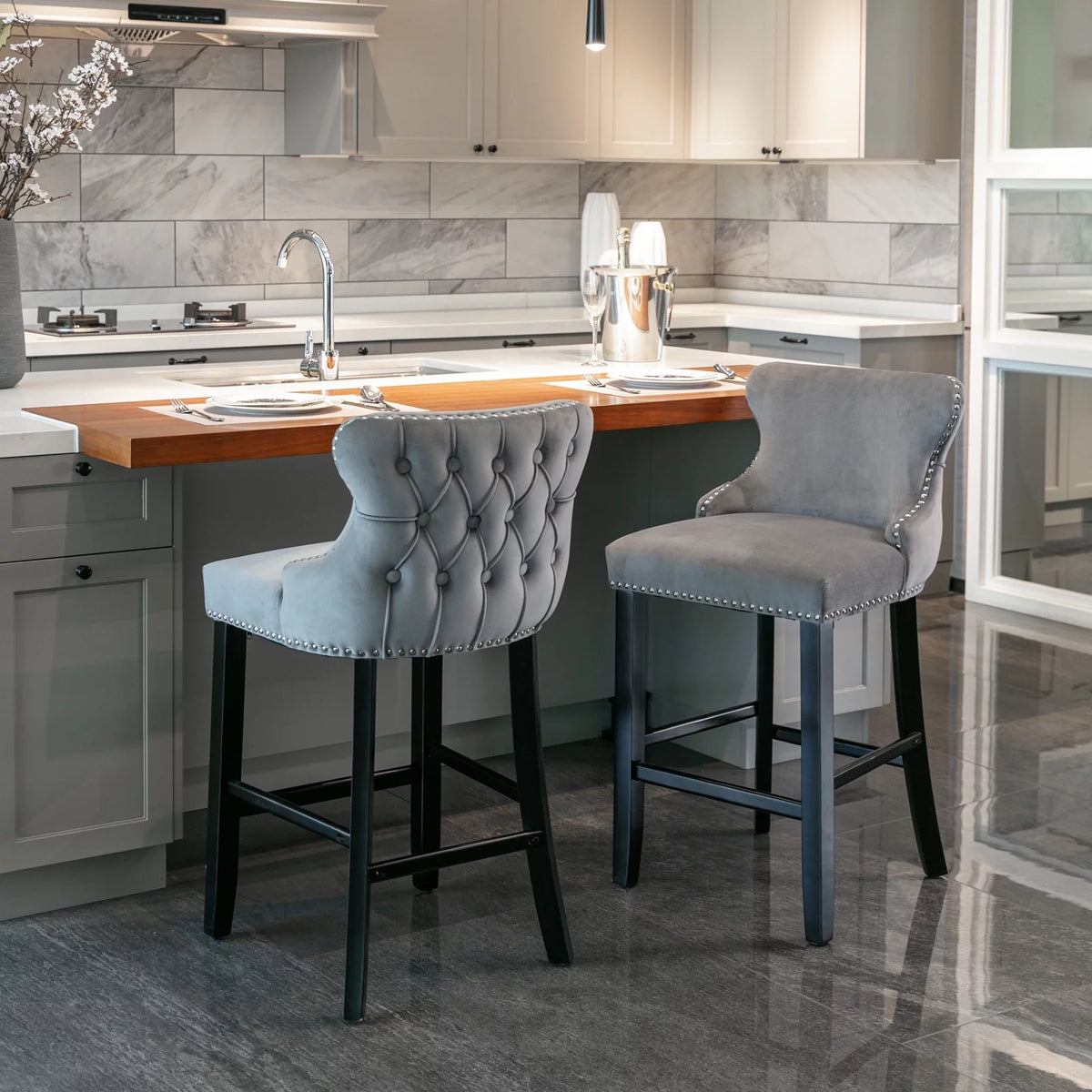 Gray Set of 2 Wing-Back Velvet Bar Stools with Wooden Legs I4181
