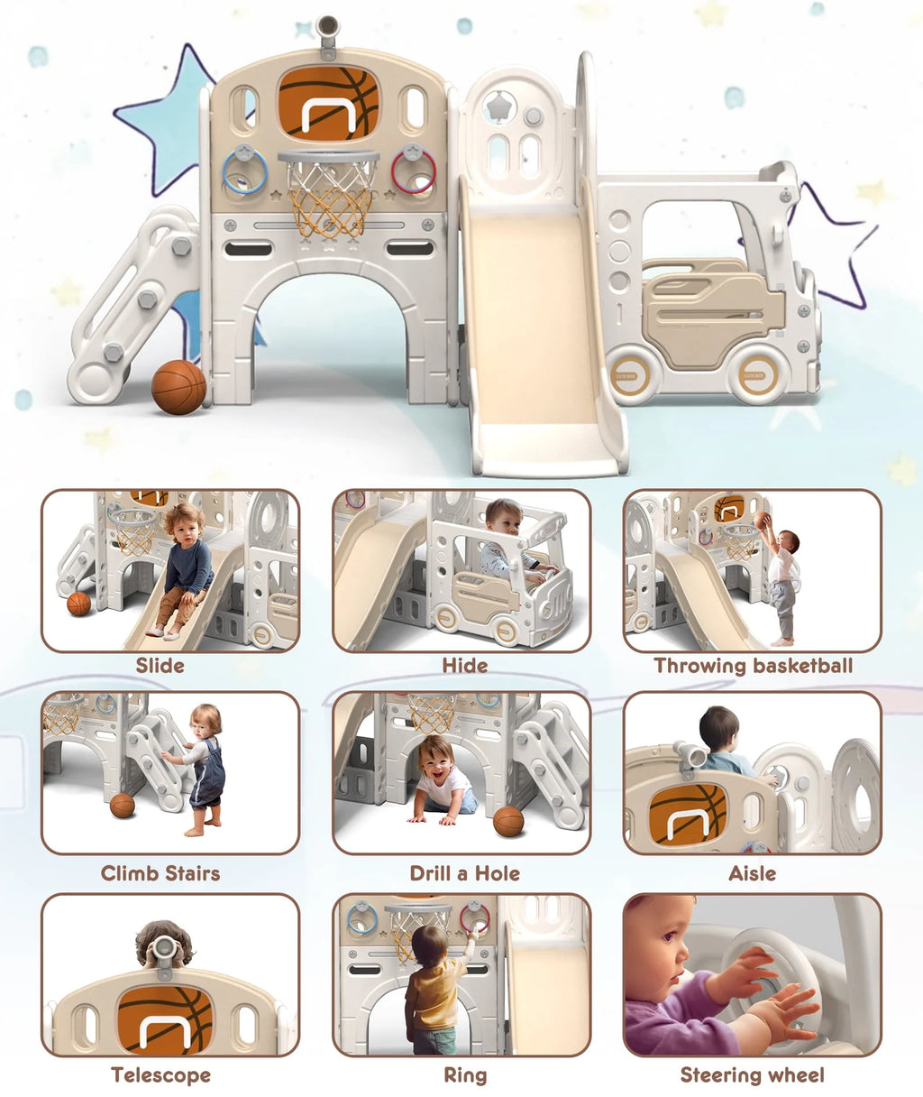 Kids Slide Set with Climber, Basketball Hoop, Tunnel, Playhouse Z212203