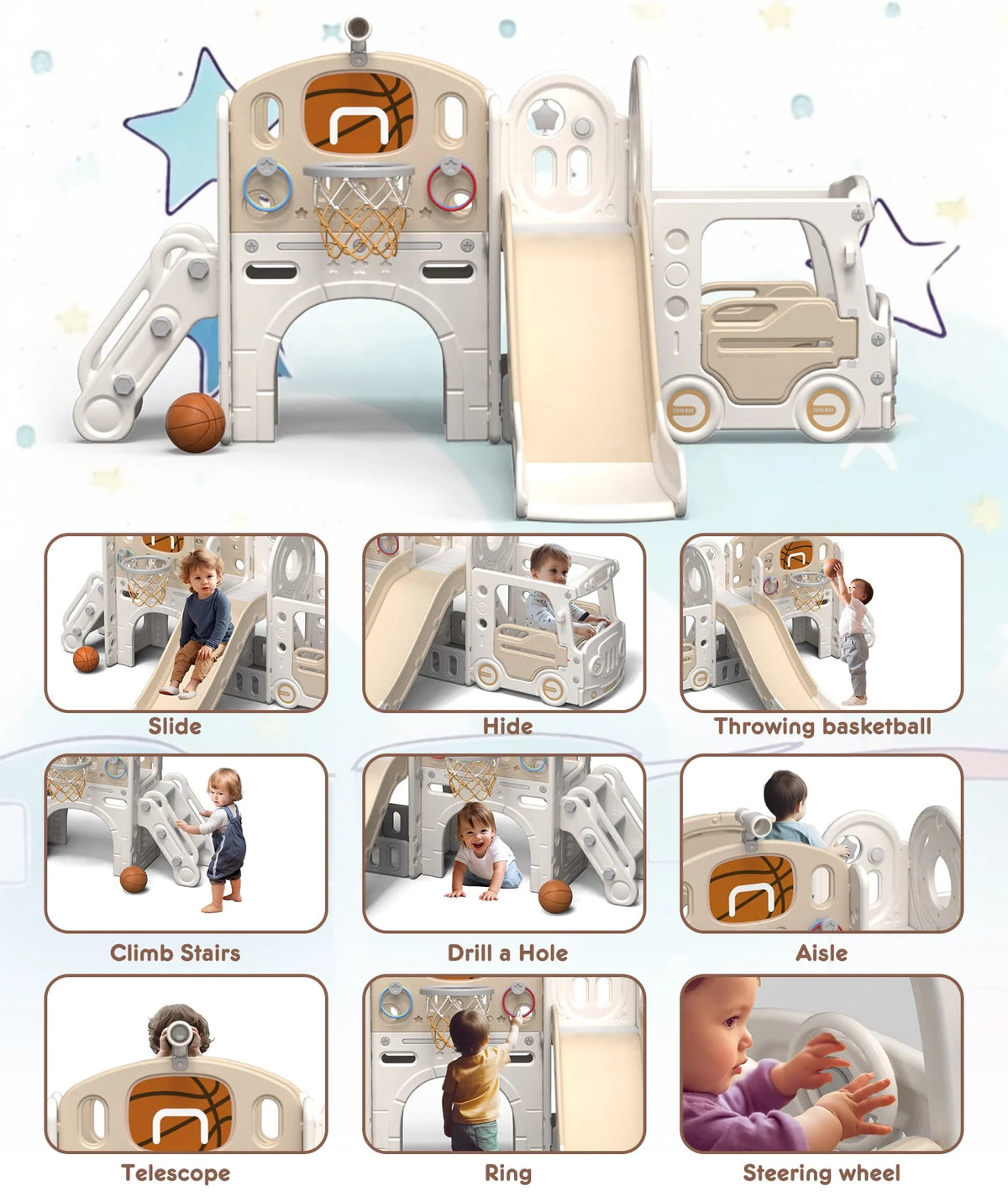 Kids Slide Set with Climber, Basketball Hoop, Tunnel, Playhouse Z212203