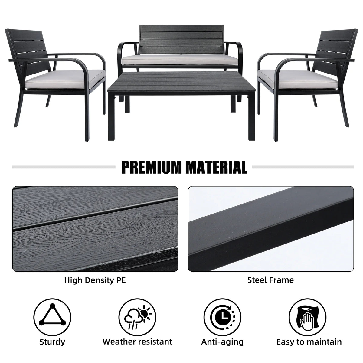 Black Steel Patio Furniture Set of 4 with Cushions W880