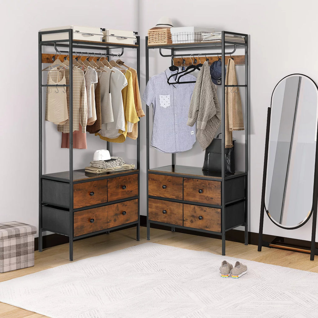 Free Standing Clothes Rack with Shelves Drawers and Hooks D57767