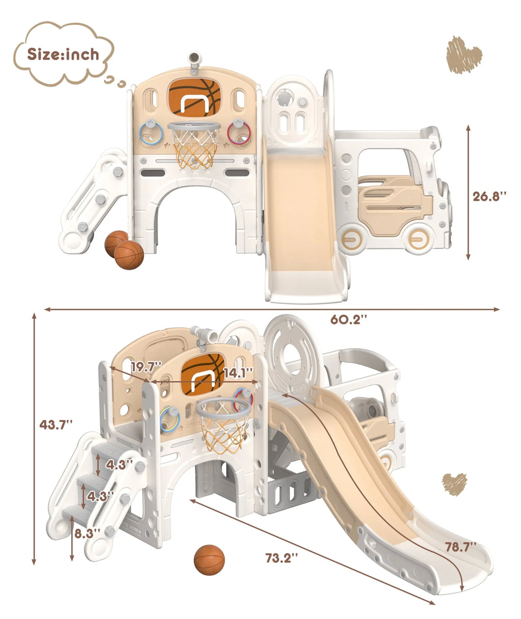 Kids Slide Set with Climber, Basketball Hoop, Tunnel, Playhouse Z212203