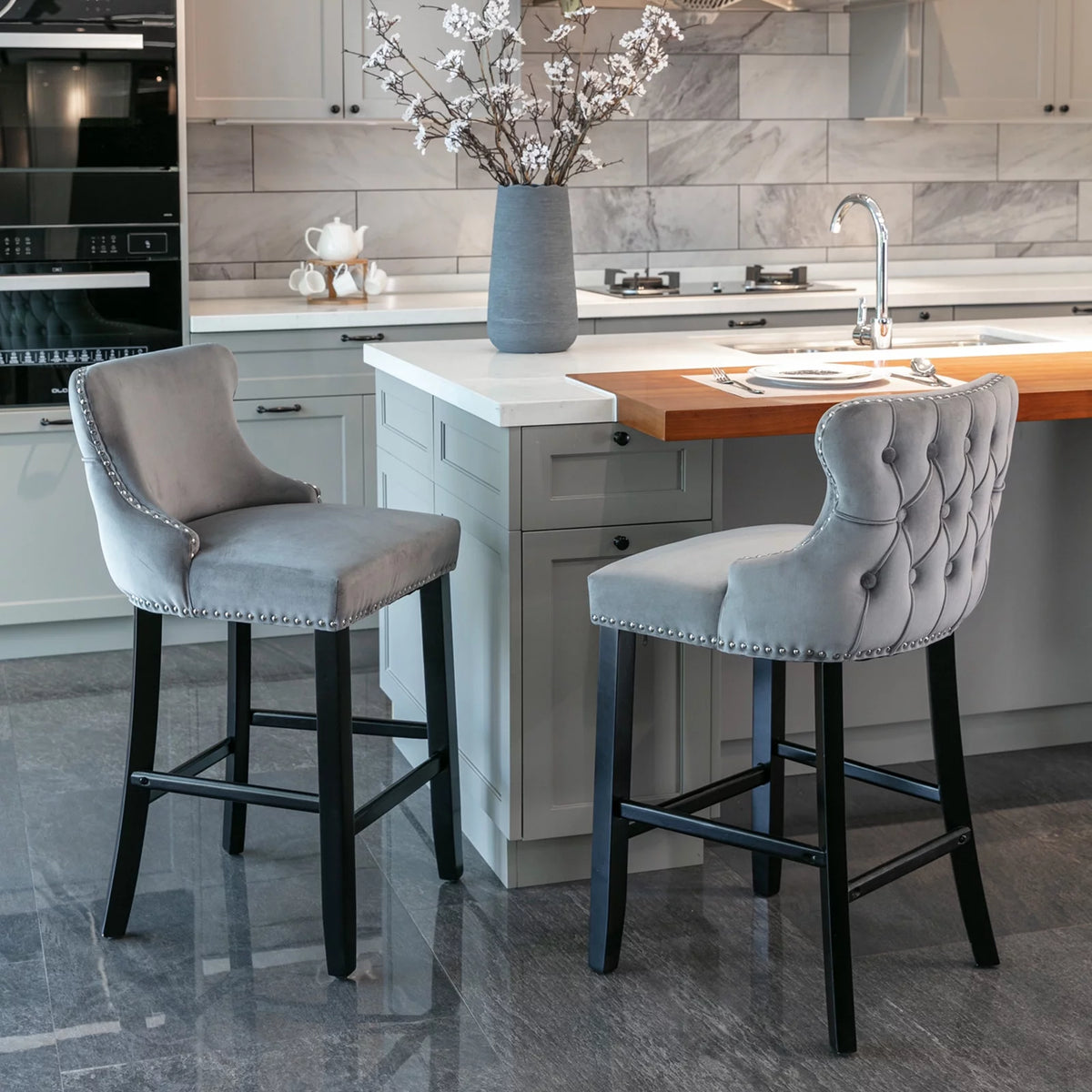 Gray Set of 2 Wing-Back Velvet Bar Stools with Wooden Legs I4181