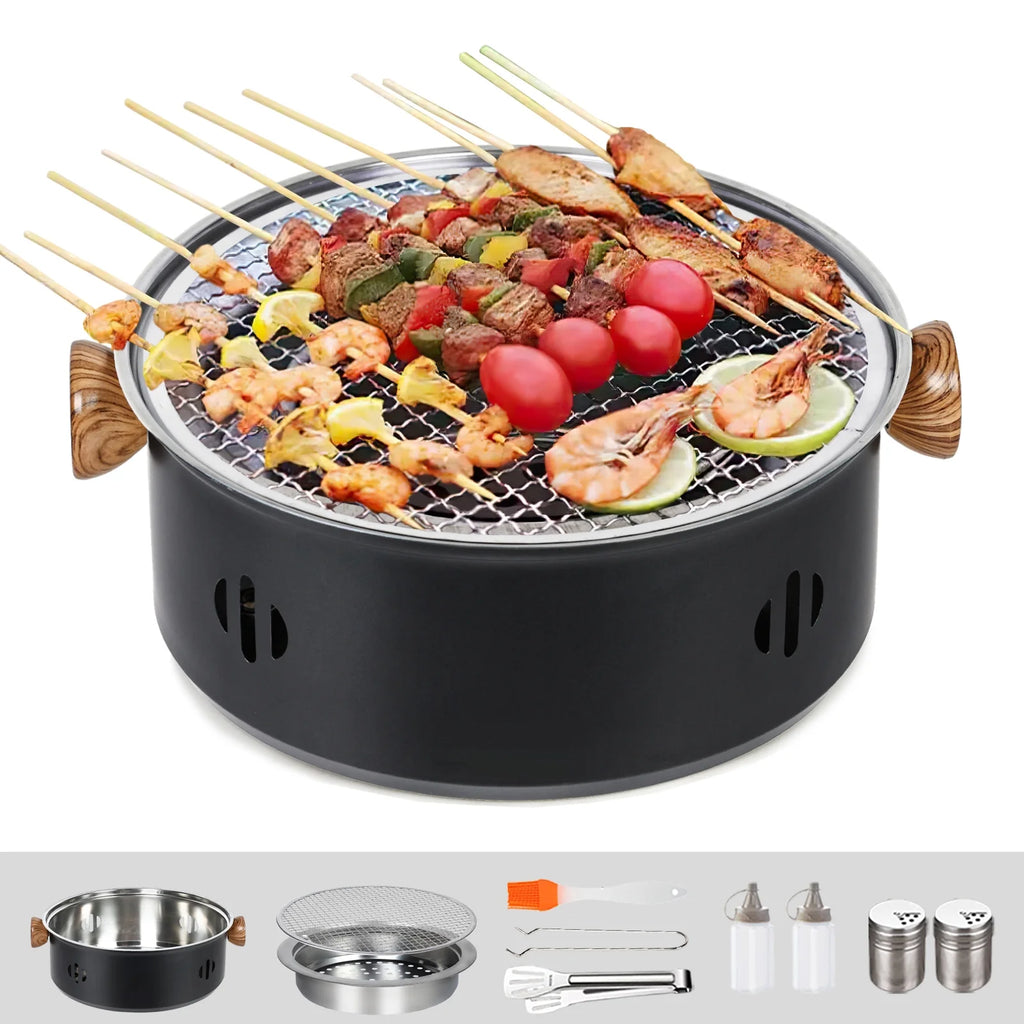 Charcoal BBQ Grill Portable Camping Grill Tabletop Korean Barbecue Grill Black T181916