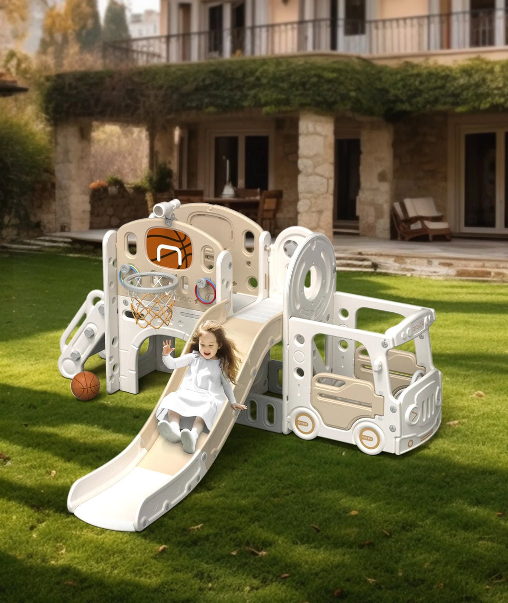 Kids Slide Set with Climber, Basketball Hoop, Tunnel, Playhouse Z212203