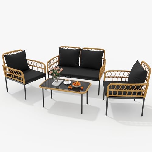 3 Pieces Wicker Patio Bistro Set with Glass Top Side Table Q68871