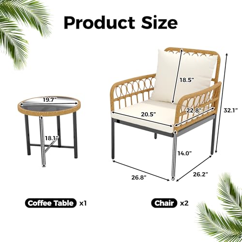 3 Pieces Wicker Patio Bistro Set with Glass Top Side Table Q68871