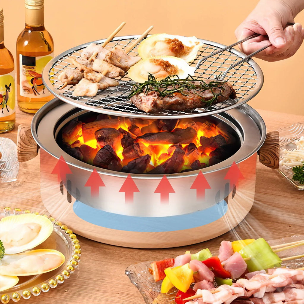 Charcoal BBQ Grill Portable Camping Grill Tabletop Korean Barbecue Grill Black T181916