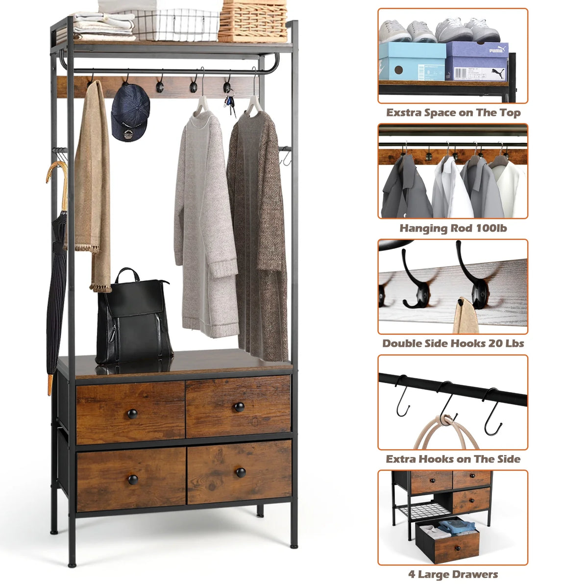 Free Standing Clothes Rack with Shelves Drawers and Hooks D57767