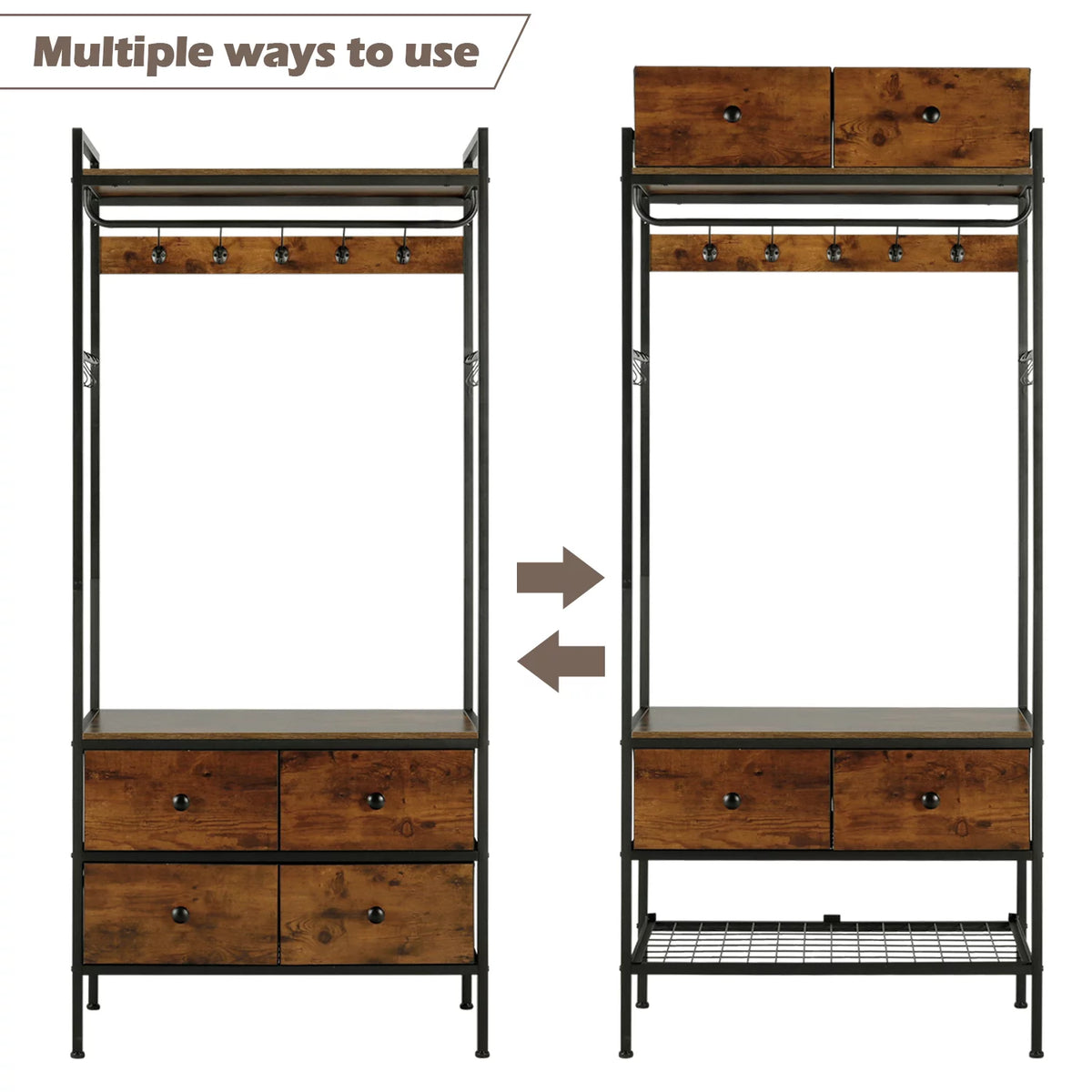 Free Standing Clothes Rack with Shelves Drawers and Hooks D57767