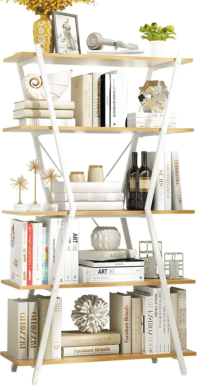 5 Tier White Wood and Metal Bookshelf B8849