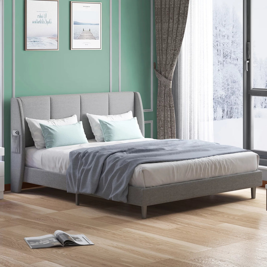 King Size Dark Gray Platform Bed Frame with Side Pockets T380681