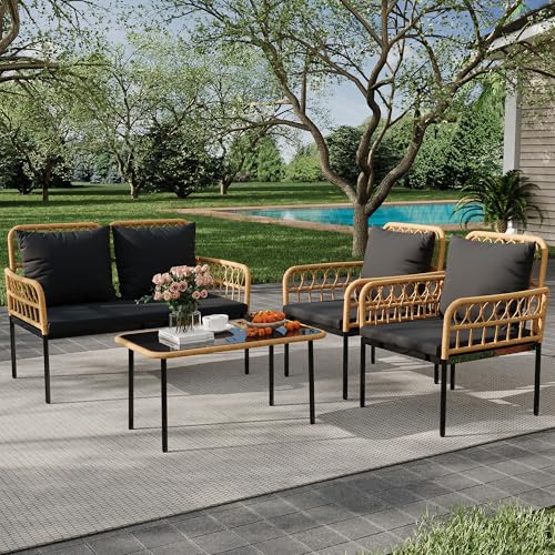 3 Pieces Wicker Patio Bistro Set with Glass Top Side Table Q68871