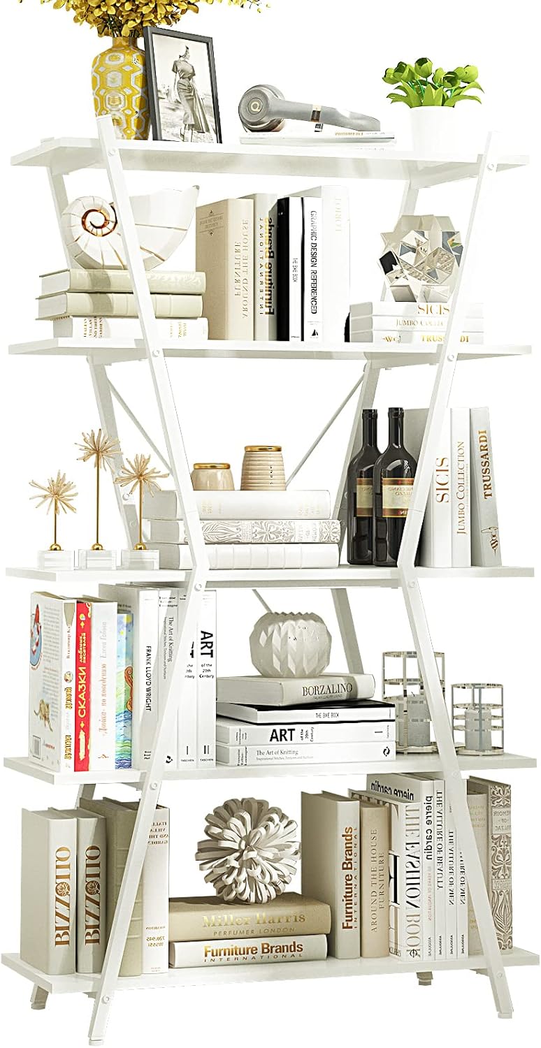 5 Tier White Wood and Metal Bookshelf B8849