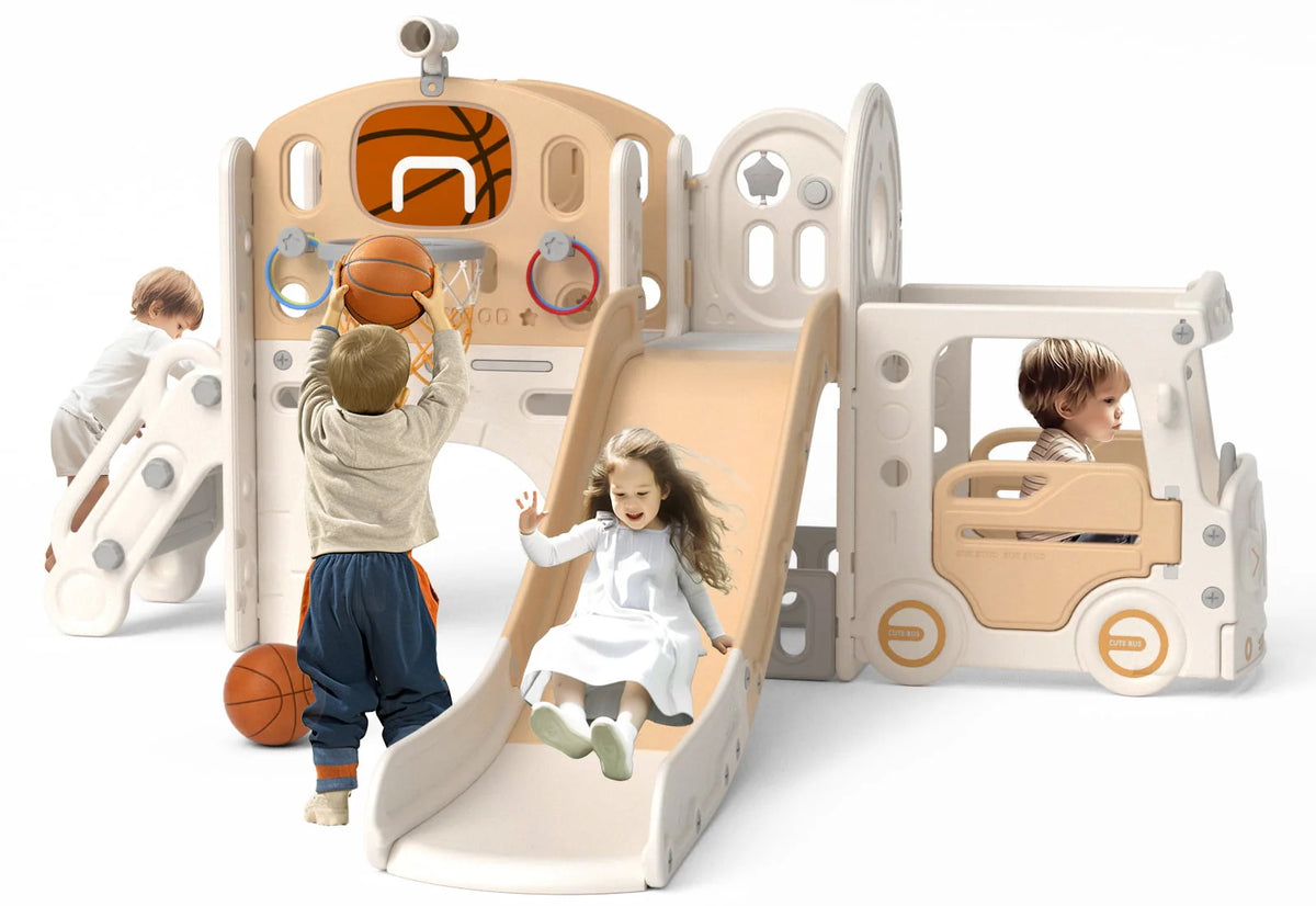 Kids Slide Set with Climber, Basketball Hoop, Tunnel, Playhouse Z212203
