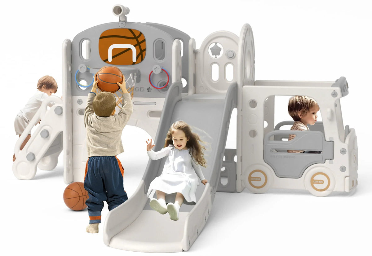 Kids Slide Set with Climber, Basketball Hoop, Tunnel, Playhouse Z212203