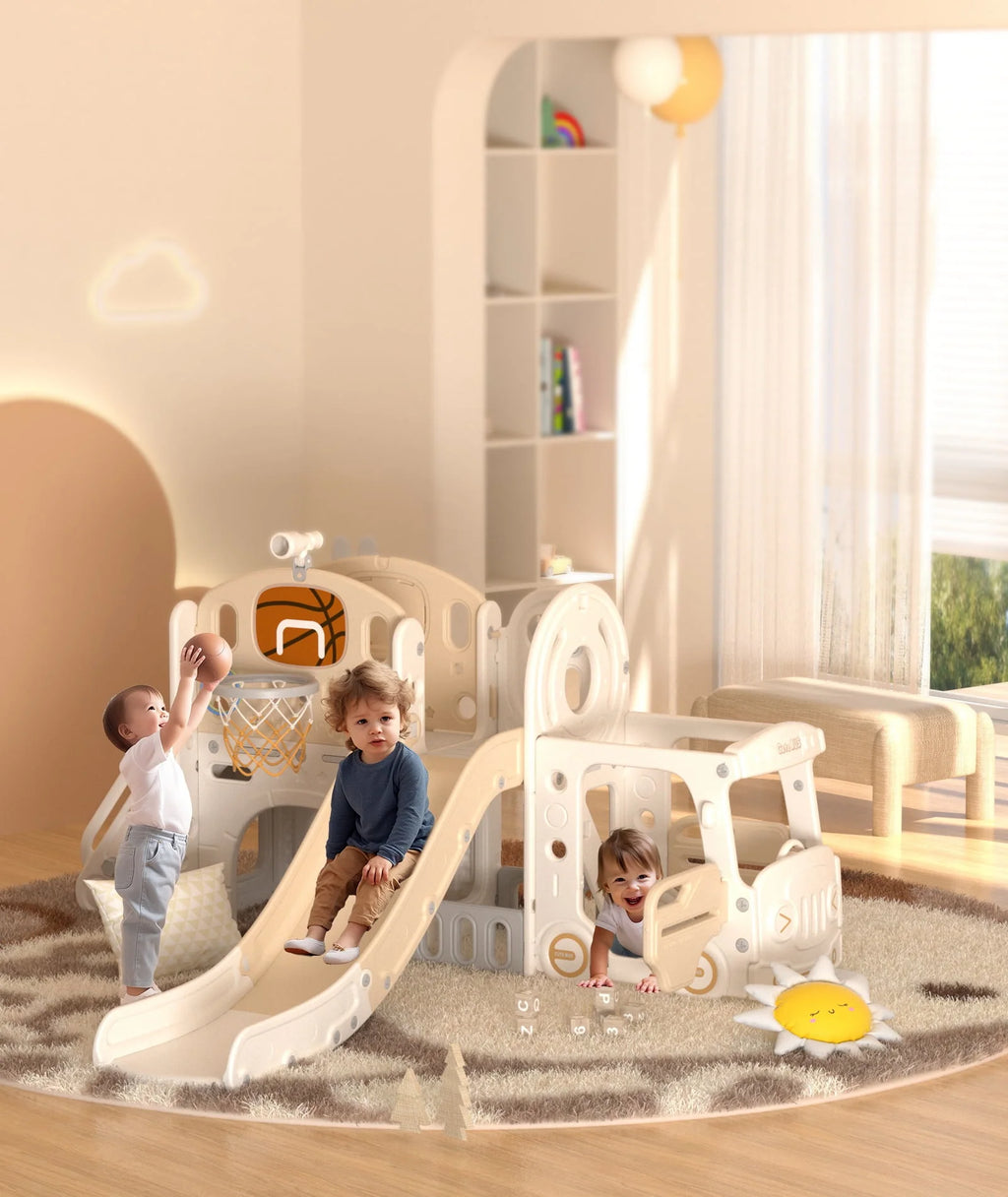 Kids Slide Set with Climber, Basketball Hoop, Tunnel, Playhouse Z212203