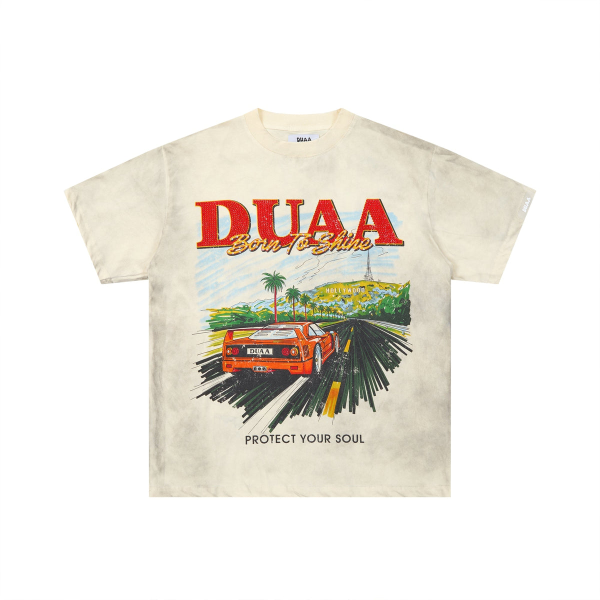 DUAA Born To Shine Retro Highway Sports Car Double‑Sided Graphic Tee
