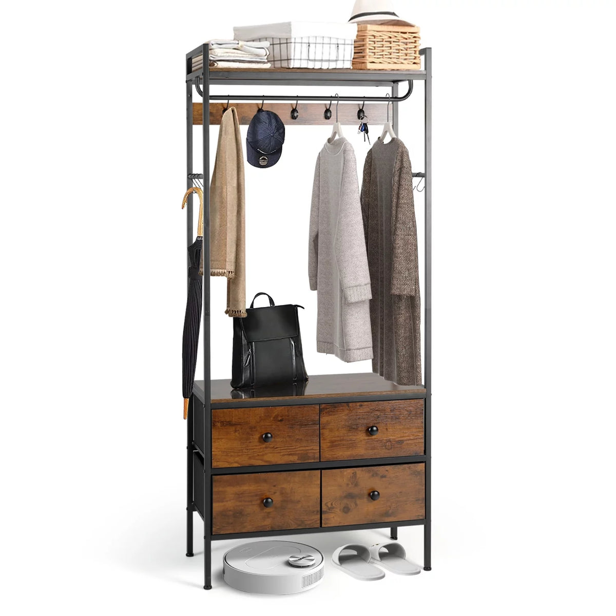 Free Standing Clothes Rack with Shelves Drawers and Hooks D57767