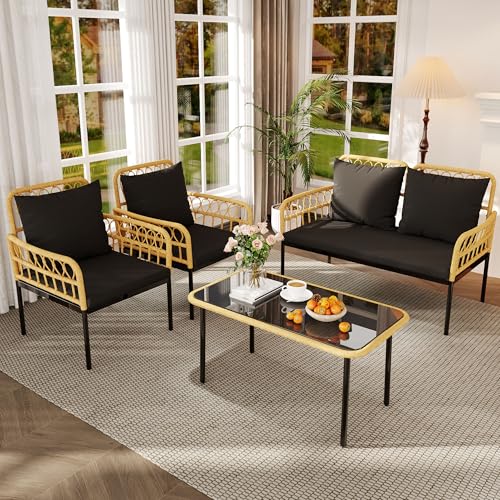 3 Pieces Wicker Patio Bistro Set with Glass Top Side Table Q68871