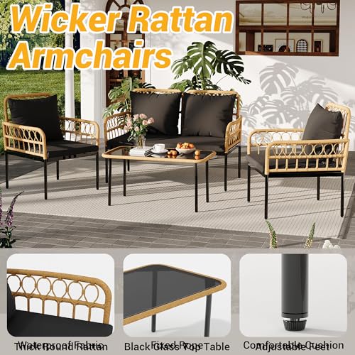 3 Pieces Wicker Patio Bistro Set with Glass Top Side Table Q68871