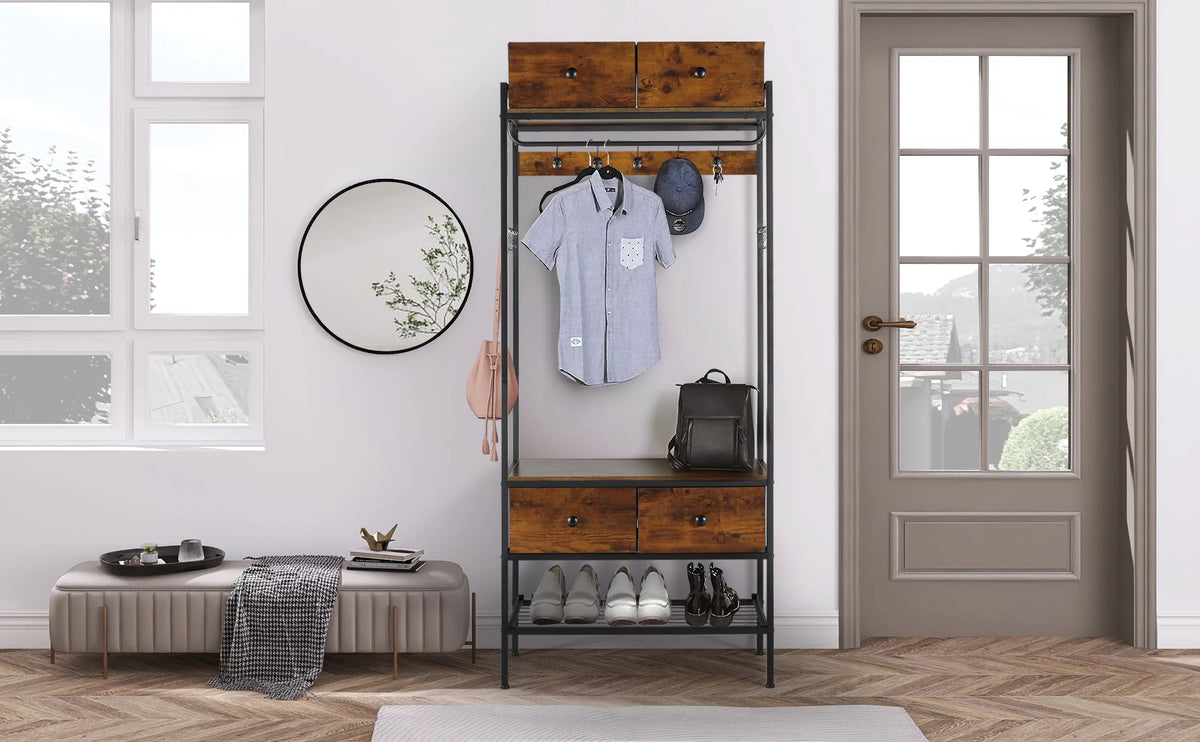 Free Standing Clothes Rack with Shelves Drawers and Hooks D57767