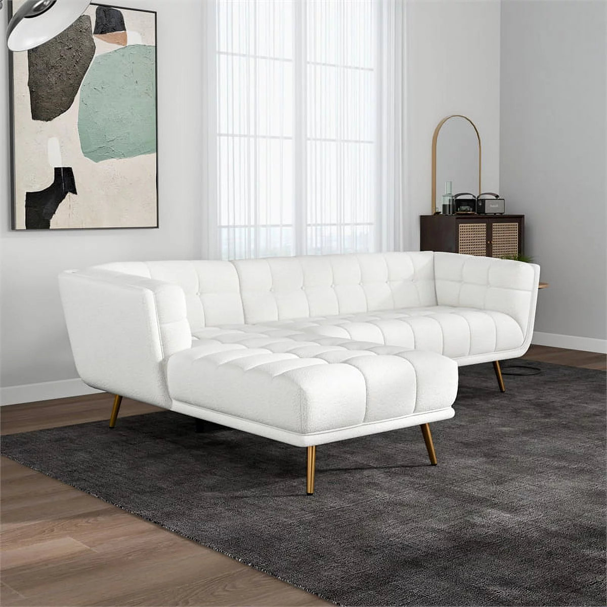 Cream Boucle Fabric Left-Facing Sectional Couch F65420
